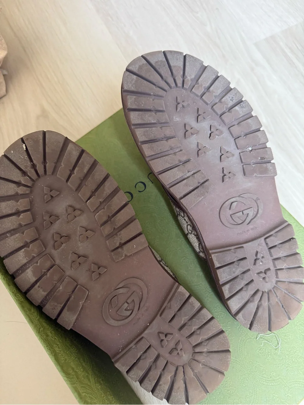 Gucci Beige GG Monogram Slip-On Slides Sandals with Brown Trim